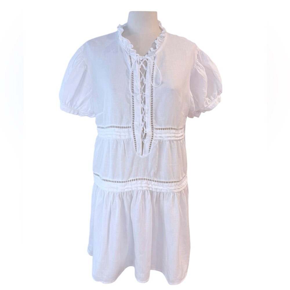 Marissa Webb White Linen Tiered Lace Up Front Mini Dress size Small